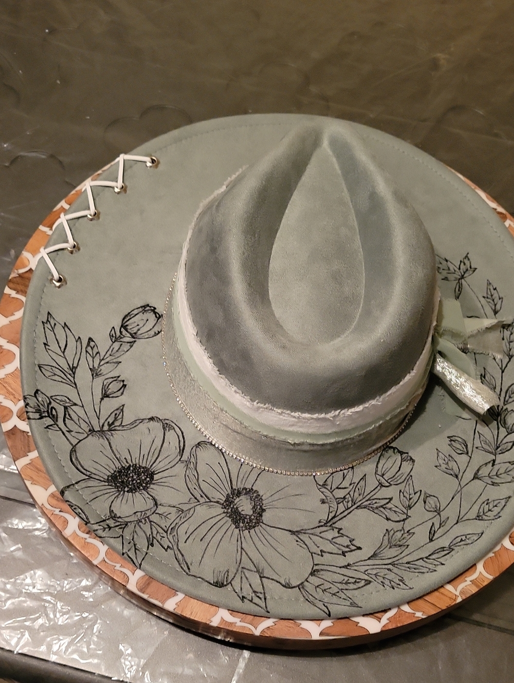 Vegan Suede Hand Burned Wide-Brim Hat in Sage/Mint Green